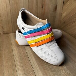 Lacoste Mystere Punched White Leather Colorful Strap Comfort Sneakers Womens 7.5